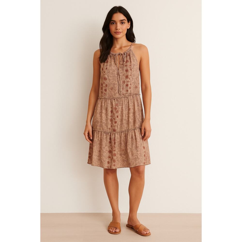 Anthropologie Drew Floral Tiered V Neck Shimmer Halter Mini Dress Size Small